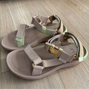 Teva x Coco and Breezy Taupe Sandals with Mint Straps and Gold Hardware
